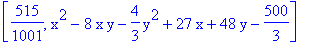 [515/1001, x^2-8*x*y-4/3*y^2+27*x+48*y-500/3]